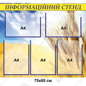 Інформаційний стенд з пʼятьма прозорими кишенями А4 та фоном із колосків пшениці на синьому небі на стіні ферми.