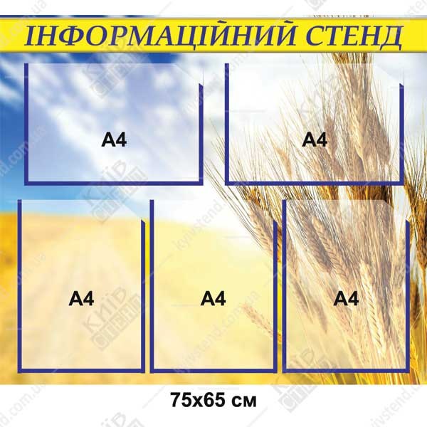 Інформаційний стенд з пʼятьма прозорими кишенями А4 та фоном із колосків пшениці на синьому небі на стіні ферми.