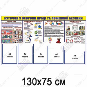 Інформаційний стенд з охорони праці та пожежної безпеки, білий пластик, розміщення в актовій залі підприємства.