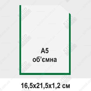 Пластикова кишеня А5 обʼємна з зеленою окантовкою з прозорого ПВХ, встановлена на настінному інформаційному стенді у торговому приміщенні.
