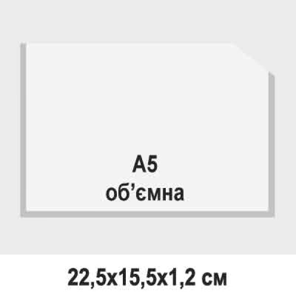Об’ємна кишеня ПВХ А5 горизонтальна срібляста з прозорою передньою панеллю, закріплена на скляній поверхні з вкладеними рекламними листівками А5.