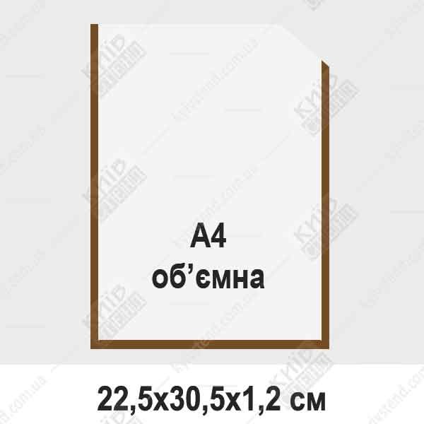 Об’ємна кишеня ПВХ A4 вертикальна коричнева з прозорою лицьовою панеллю, закріплена на пофарбованій стіні з вкладеним аркушем A4.