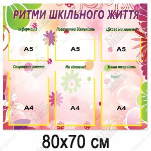 Стенд 80х70 см пластиковий для школи Ритми шкільного життя з прозорими кишенями та кольоровим друком на стіні класу.