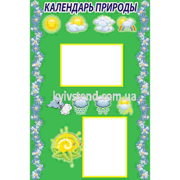 Стенд куточок природи прямокутної форми 40 х 60 см з двома прозорими кишенями, інтерєрний друк на білій основі з пластику 3 мм, закріплений на стіні групи дитячого садка для календаря спостережень.
